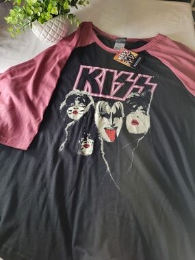 Kiss Black Tee with Pink Raglan Sleeves - Band Graphic